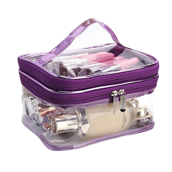 Transparent PVC Makeup Taske Bærbar Vandtæt Toilettaske Stor Kapacitet Lynlås Kosmetik Taske DB Deep Purple Double Layer