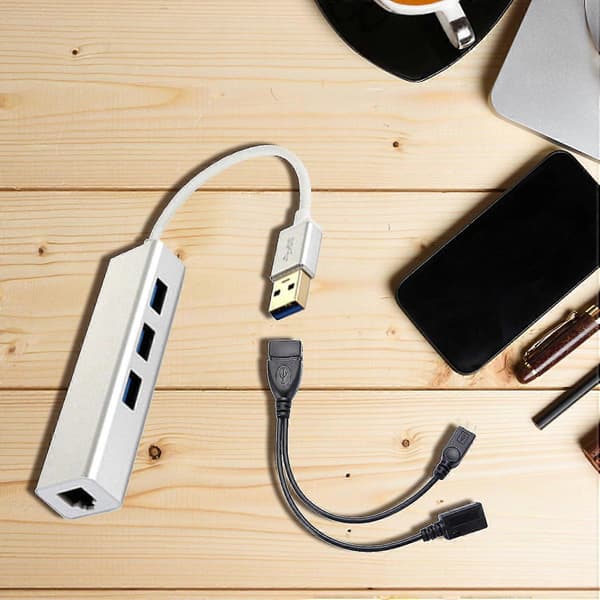 3-ports USB-hub LAN Ethernet-stik OTG-adapter til Fire Gen 2/3/4[DB] Silver
