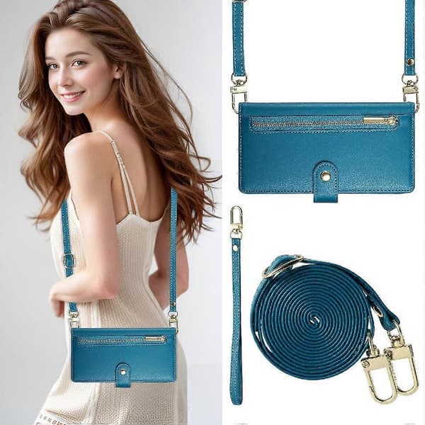 Flip-deksel til iPhone 16 med crossbody-stropp, lommebok, multifunksjonelt stativ [DB] Blue