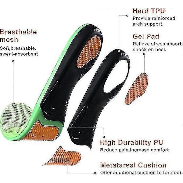 Plantar Fasciitis Innleggssåler - Ortotiske Innlegg i Full Lengde for Hælsmerter og Støtte for Fotbuen_grønn [DB] 41  43