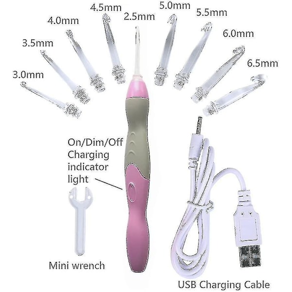 Valaistu Virkkauskoukkusetti, 9 Vaihdettavaa Pääkokoa 2,5 mm - 6,5 mm Ergonomisilla Kahvoilla, Täydellinen Koukkuseti {DB}