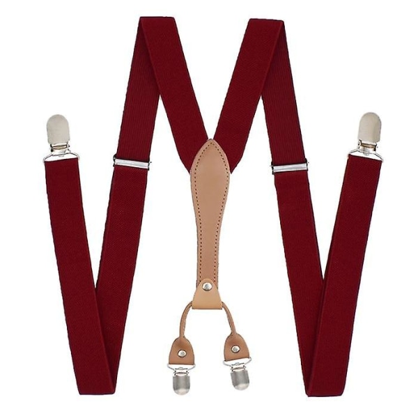 Elastiska clip-on, Y-formade hängslen, massiva polyester hängslen med läder [DB] Wine Red
