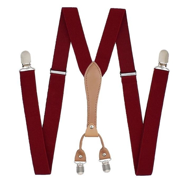 Elastiske Clip-on, Y-formede seler, solide polyester seler med læder [DB] Wine Red
