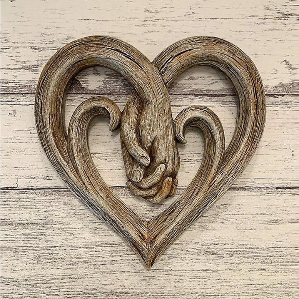 Heart Pendant Sculptures Rustic Wall Hanging Wood Heart Holding Hands Wall Decor For Home