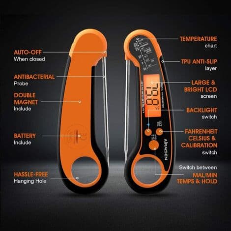 Matlagningstermometer, Kökstermometer, Digital termometer, Köttermometer, BBQ-termometer, Vattentäta köksredskap (orange)[DB] Black