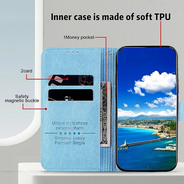 Solid farve læder foldbart stativ tegnebog læder telefoncover til iPhone 16 [DB] Multicolor Baby Blue