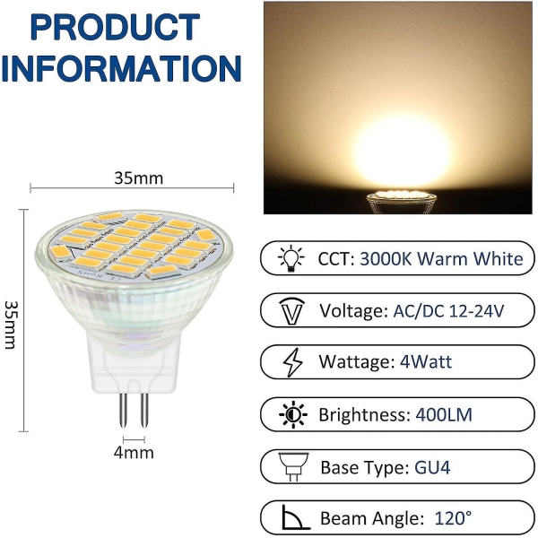 Mr11 Gu4 12v Led 4w Varm Hvit 3000k, 350lm, 120 35mm Mr11 35w Halogen Ekvivalent, Ac Dc 24v 12v Gu4 Innfelt Led Spotlys, 4stk Db