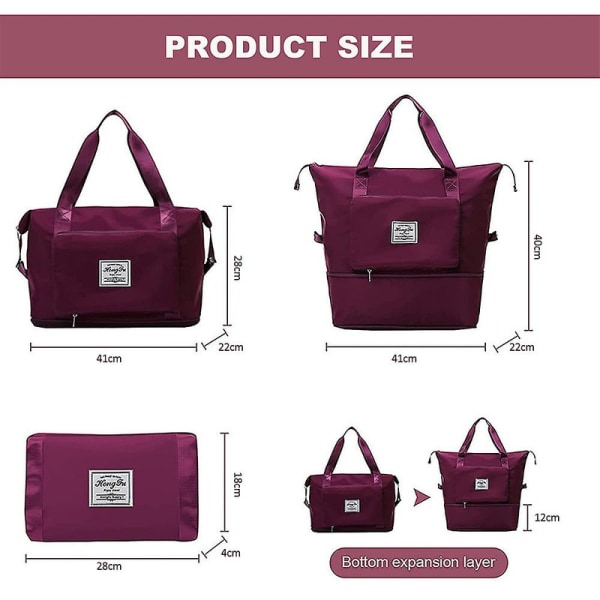 Stor kapasitet sammenleggbar reiseveske, lett utvidbar reise duffel bag, treningsbag Weekender overnatting bag gaver DB Dark Purple