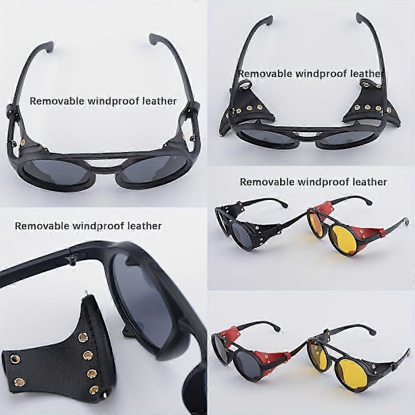 KEITHION Glacier Tuulenpitävät Vuorikiipeily Steampunk-tyyliset Pyöreät Vintage Aurinkolasit, Retro Silmälasit Miehille Naisille Nahkaisilla Sivusuojilla, C [db] Black
