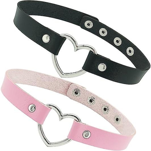 2 st Hjärtan - Rosa och Svart Kärlekshjärta Justerbart Läderhalsband Punk PU Halsband Goth Choker Mjuk Krage Kedja för Kvinnor Flickor [DB]