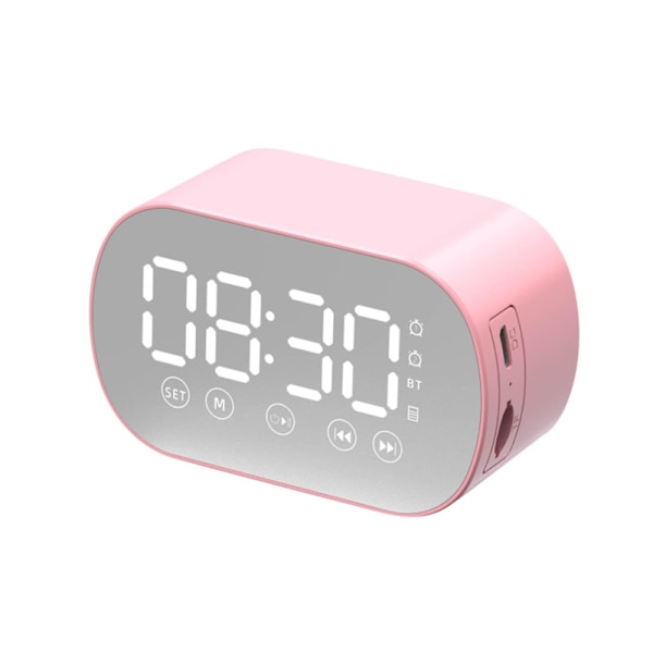Trådlös Bluetooth-högtalare med FM-radio Mini bärbar kort spegel väckarklocka ljud dubbla väckarklocka inställningar för alla telefoner Heminredning {DB} Pink