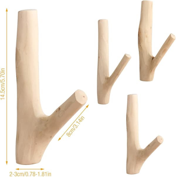 (Leveys 2-3 cm) 4 kpl luonnollisia puukoukkuja, puukoukut, sylinterimäiset vaatekoukut, koristeelliset seinäkoukut, puukoukut [DB]