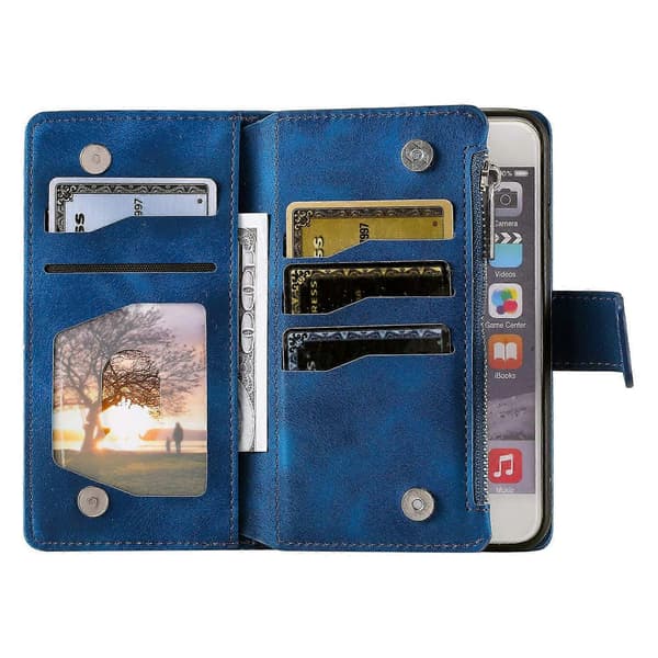 Style 006 til iPhone 16e Wallet Case PU Læder Telefon Cover Mandala Blomster Mønster [DB] Multicolor Blue