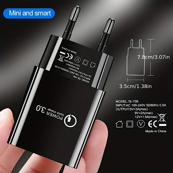 18W QC3.0 Snabbladdare USB EU Väggladdare Mobiltelefonladdare För Xiaomi POCO X3 NFC M3 10T Lite 10 9 Redmi 9 Note 9 8 Pro Typ C Laddare [DB] black