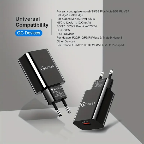 18W QC3.0 Hurtigoplader USB EU Væg Mobiltelefonoplader Til Xiaomi POCO X3 NFC M3 10T Lite 10 9 Redmi 9 Note 9 8 Pro Type C Oplader [DB] black