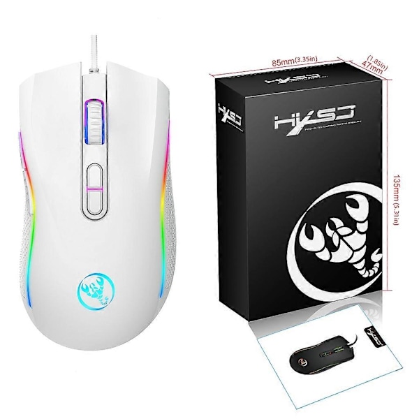 Cord Gamings Mus, PC Mus Andning RGB LED Precisions Justera 3200DPI db White