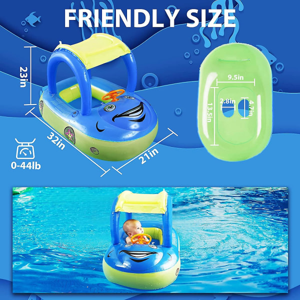 Baby oppblåsbar svømmebasseng flyte med baldakin, bil formet svømme flytebåt for spedbarn småbarn
