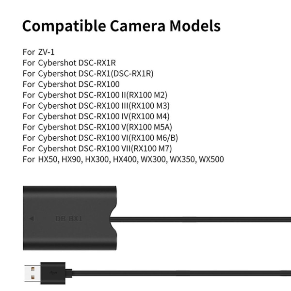NP-BX1 Dummy-batteri med USB-A-adapter DC-kobling ZV-1 RX100 M7 M6 M5 RX1R HX50 HX90 HX300 HX400 C db black