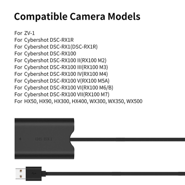 NP-BX1 Dummy-batteri med USB-A-adapter DC-koppling ZV-1 RX100 M7 M6 M5 RX1R HX50 HX90 HX300 HX400 C db black