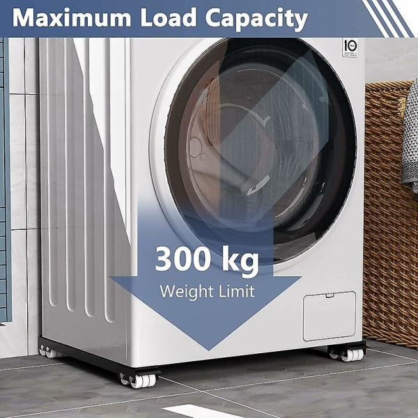 Vaskemaskinsokkel med brems, justerbar mobil base for vaskemaskin, tørketrommel, kjøleskap, last 300 kg, svart