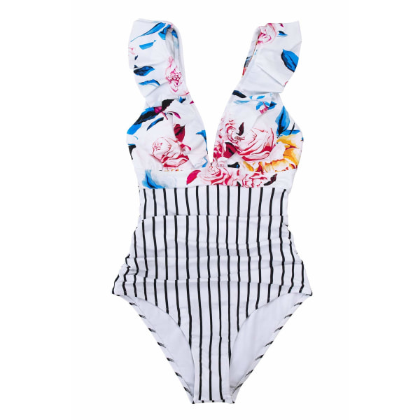 Dam badkläder i ett stycke med volang och knytbart strandbadkläder magbadkläder (vit rand)