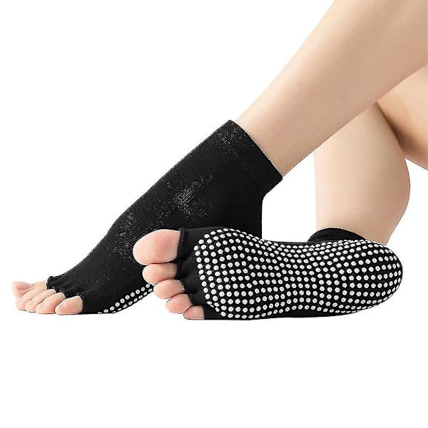 Sokker for kvinner og menn med full tå, sklisikker, klebrig grep, tilbehør for yoga, barre, pilates, dans, ballett [db] Black half finger