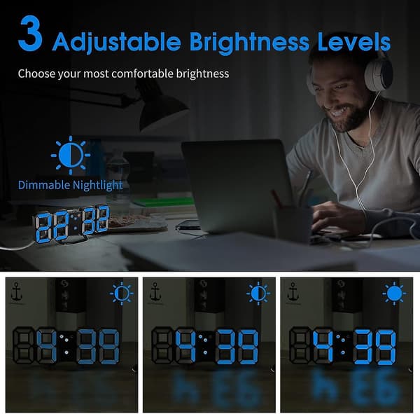 3D LED digital väckarklocka, väggklocka, digital klocka, 3D LED-väckarklocka med 3 justerbara ljusstyrkor