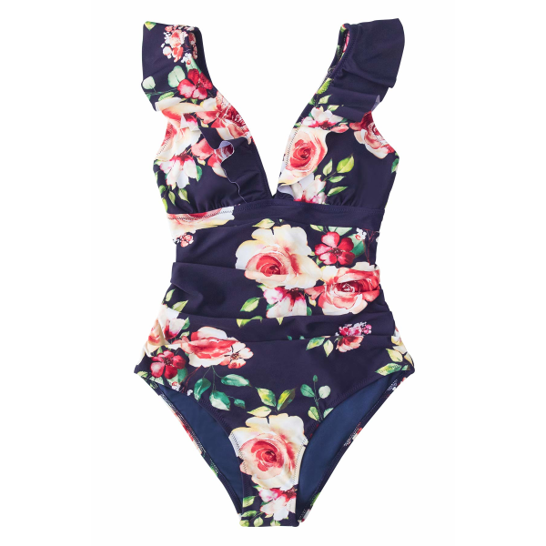 Naisten yksiosainen uimapuku Ruffle Tie Beach Swimwear Belly Swimsuit (tummansininen kukkainen)