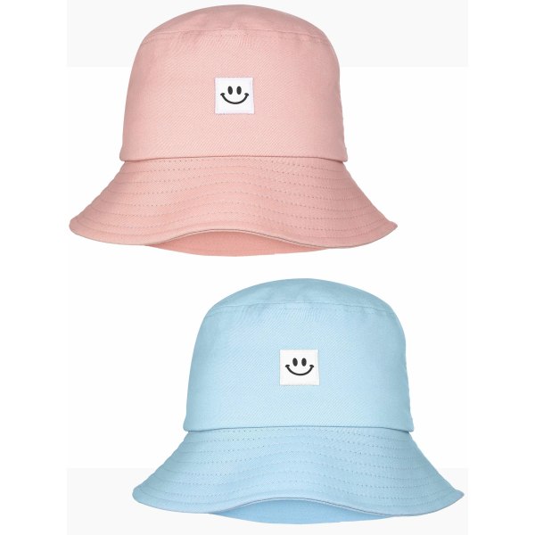 Leende ansikte Bucket Hats Fällbar Strand Solhattar Fiskehatt för Kvinnor Män(Rosa, Blå)