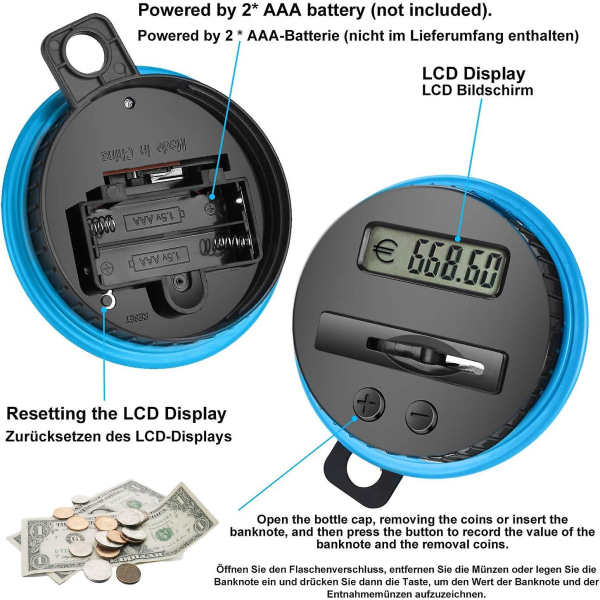 Digital sparebøsse, sparebøsse med automatisk telling for barn, digital sparebøsse med LCD-skjerm, sparebøsse støtter euro-mynter, sparebøsse med barn