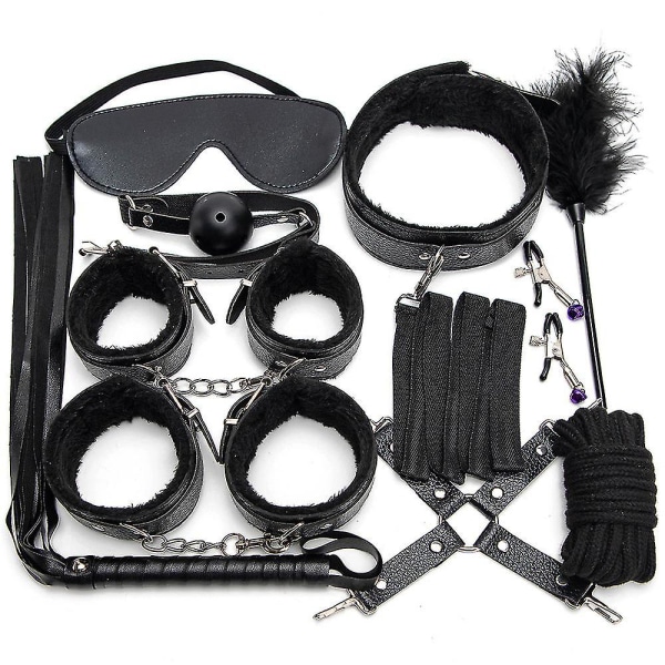 10 st/set Läder Bodaged Kit Adlt - Handbojor/fotbojor/krage//munstopp/piska/bomullssnöre/kors spänne/bröstklämma/fjäder Db Black