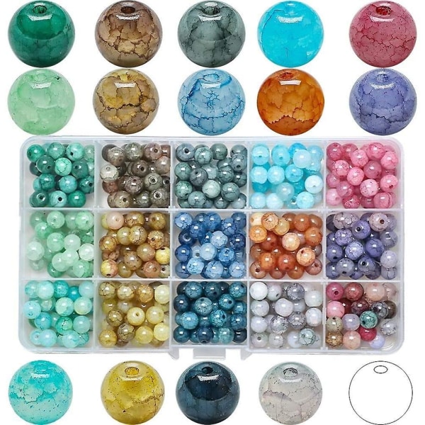 Rund knitrende krystalperle, 375 stk. Blandede glasperler 15 farver 8 mm