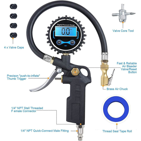 Power Digital Tire Pressure Gauge, Tire Inflator With Pressure Gauge 200psi, Heavy Duty Air Chuck With Gauge For Air Compressor - Highly Accurate