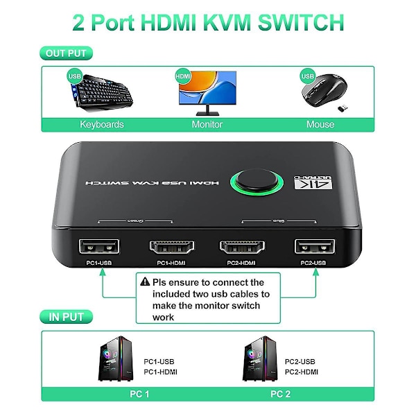 4K KVM-kytkin USB-yhteensopivat kytkimet 2 tietokoneelle Jaa näppäimistö, hiiri, tulostin ja näyttö, Su [DB]