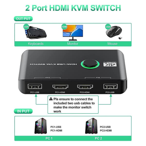 4K KVM-switch USB-kompatibel switch til 2 computere Del tastatur, mus, printer og skærm, Su [DB]