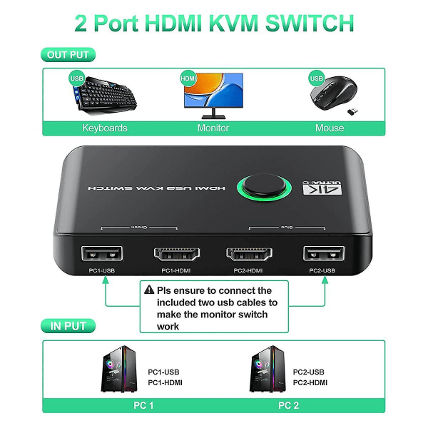 4K KVM-switch USB-kompatibla switchar för 2 datorer Dela tangentbord, mus, skrivare och bildskärm, Su [DB]