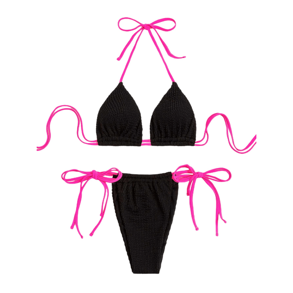 Kvinders blomsterprint Halter Triangle Tie Side Bikini Sæt Todelt badedragt (sort farveblok)