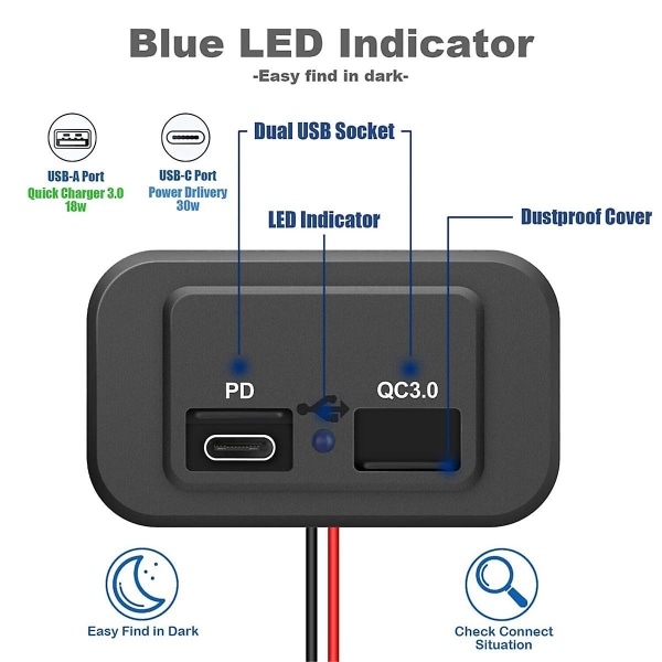 6 stk 12v/24v Rv Usb-uttak, Dual Pd3.0 Type-c (usb C) & Quick Charge Qc3.0 Usb-a Port Panel Mount C