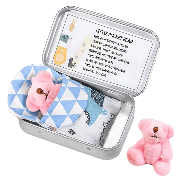 Liten fickbjörn i tenn, plysch liten björn i en låda med kort och täcken för pojkar flickor db pink