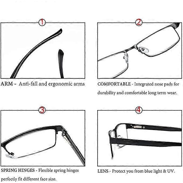 3-pack Herr Metall Läsglasögon Rektangulära Läsare Glasögon 1,5 2,0 2,5 3,0 3,5 4,0 db