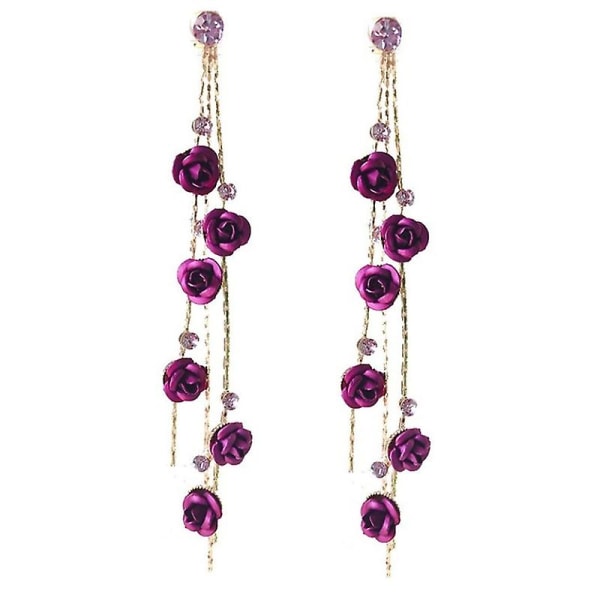 1 par glänsande strass eleganta kvinnor örhängen ros blomma lång tofs droppe örhängen festsmycken Purple