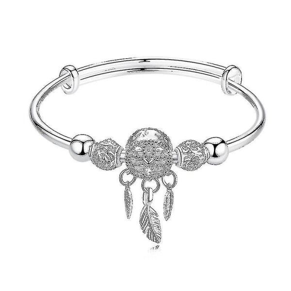 Justerbart 925 Sterling Silver Dreamcatcher Tassel Feather Round Bead Charm Armband & Bangle db