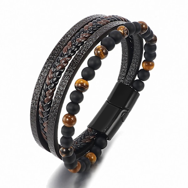 Trendig armband i vulkaniskt rockläder och rostfritt stål, flätat punkigt armband i flera lager för män, födelsedagspresent [DB] 1huang 19cm