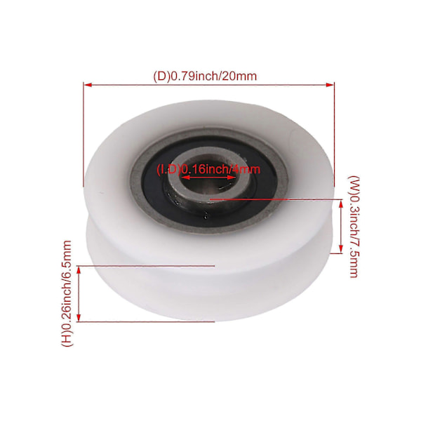 4st 4x20x6.5x7.4mm Vit Innerdiameter 4mm U-spår Nylon Hjul För Skjutdörr [db]