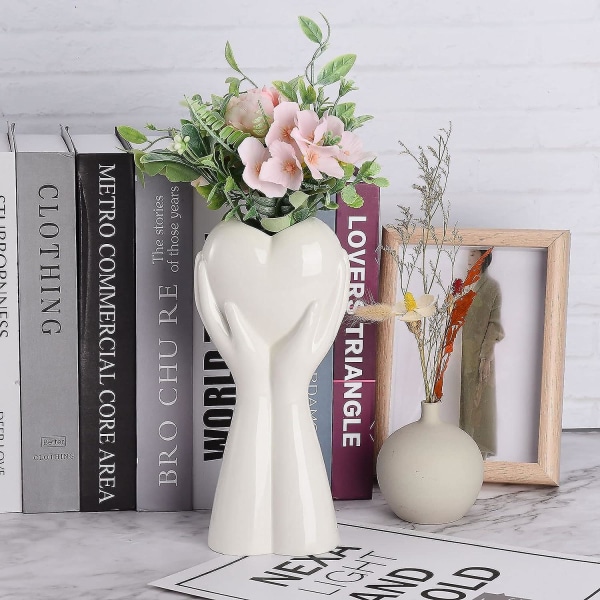 9 tommers hvit keramikkvase, håndholdt hjerteformet blomstervase for midtdeler Blomsterarrangement, blomstervase for moderne kunst for hjemmeinnredning