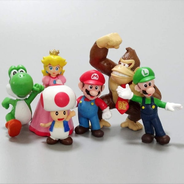 Super Action Figuurit Set, 6 figuuria Luigi Princess Peach Yoshi Donkey Kongin ja Rupikonnan kanssa koristelu kakkupäällykset Boxed Db