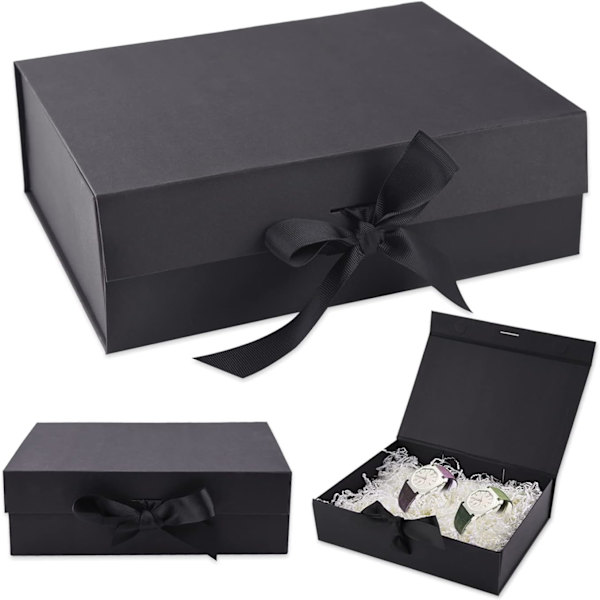 Luksus Premium Bånd Rektangulær Gaveæske med låg, Fødselsdag, Jubilæum (26,7×19×8cm, Sort)