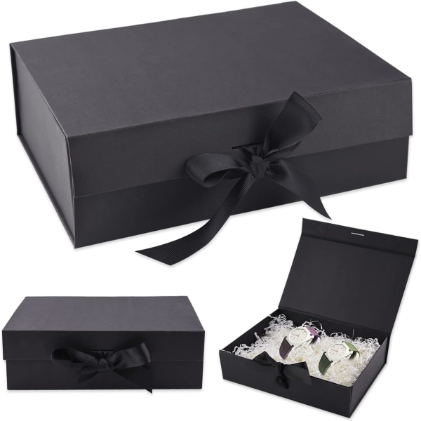Ylellinen Premium Ribbon suorakaiteen muotoinen lahjarasia kannella, syntymäpäivä, vuosipäivä (26,7 × 19 × 8 cm, musta)