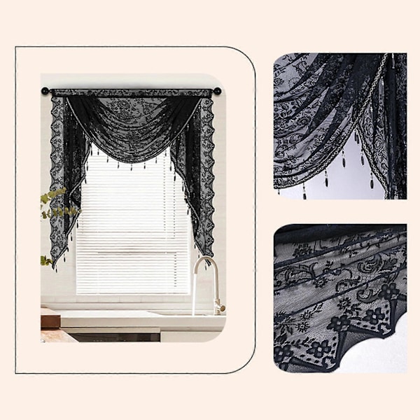 Sort Perlebesat Lace Vandfald Gardinpanel Let og Åndbar Nem Installation Luksuriøs Lille Vindue Halvgennemsigtig Swag Vandfald Gardinpanel Db Grey M