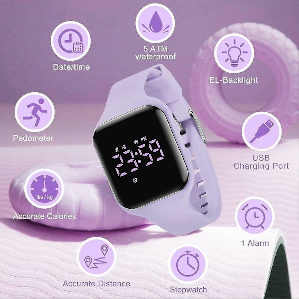 Barnklocka, Digital Klocka För Pojkar Flickor, Sportklocka Med Fitness Tracker, Alarm, Stoppur, Klocka För Barn I Åldern 5-12 db 04-LightPurple-E